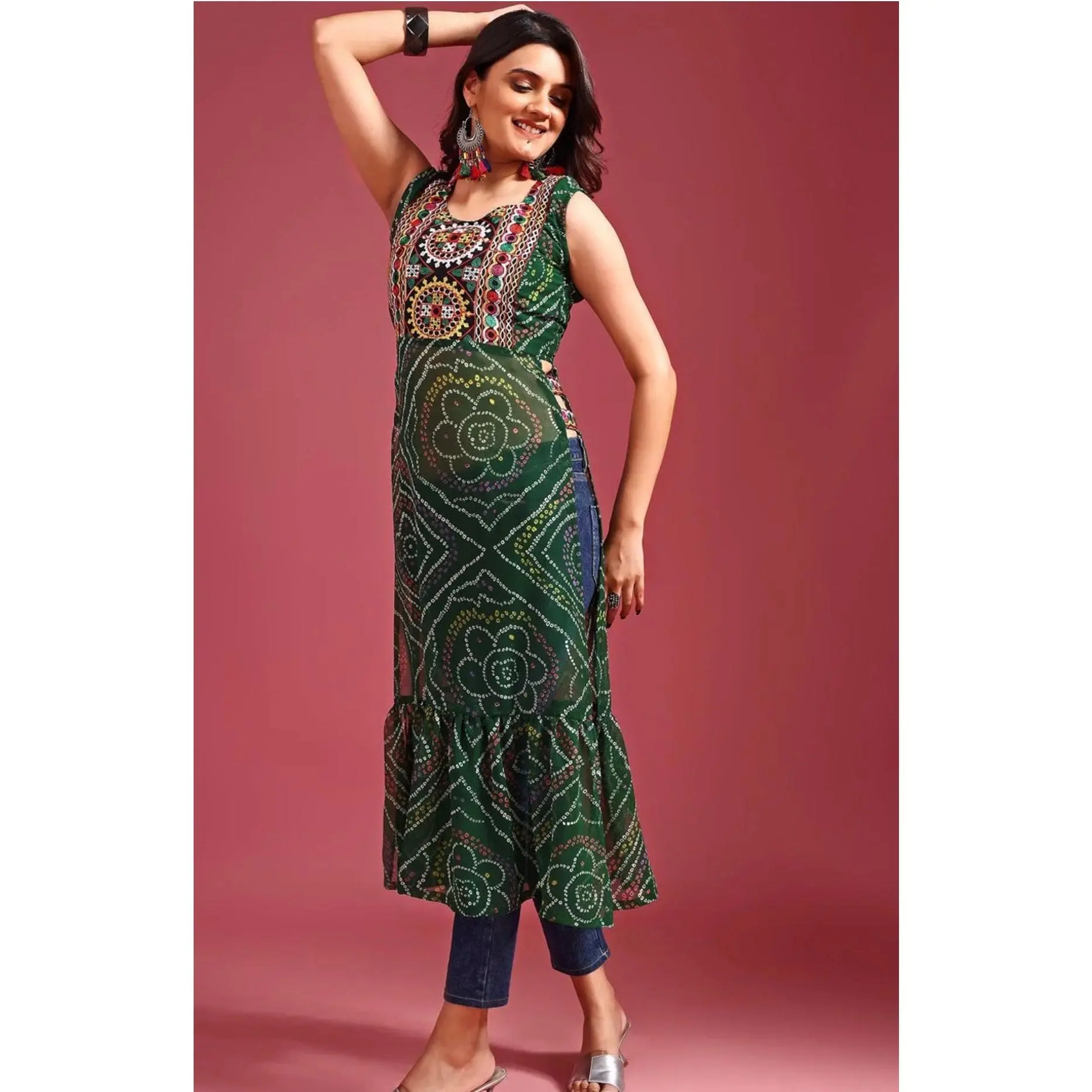 Green Bandhani Georgette Kurti