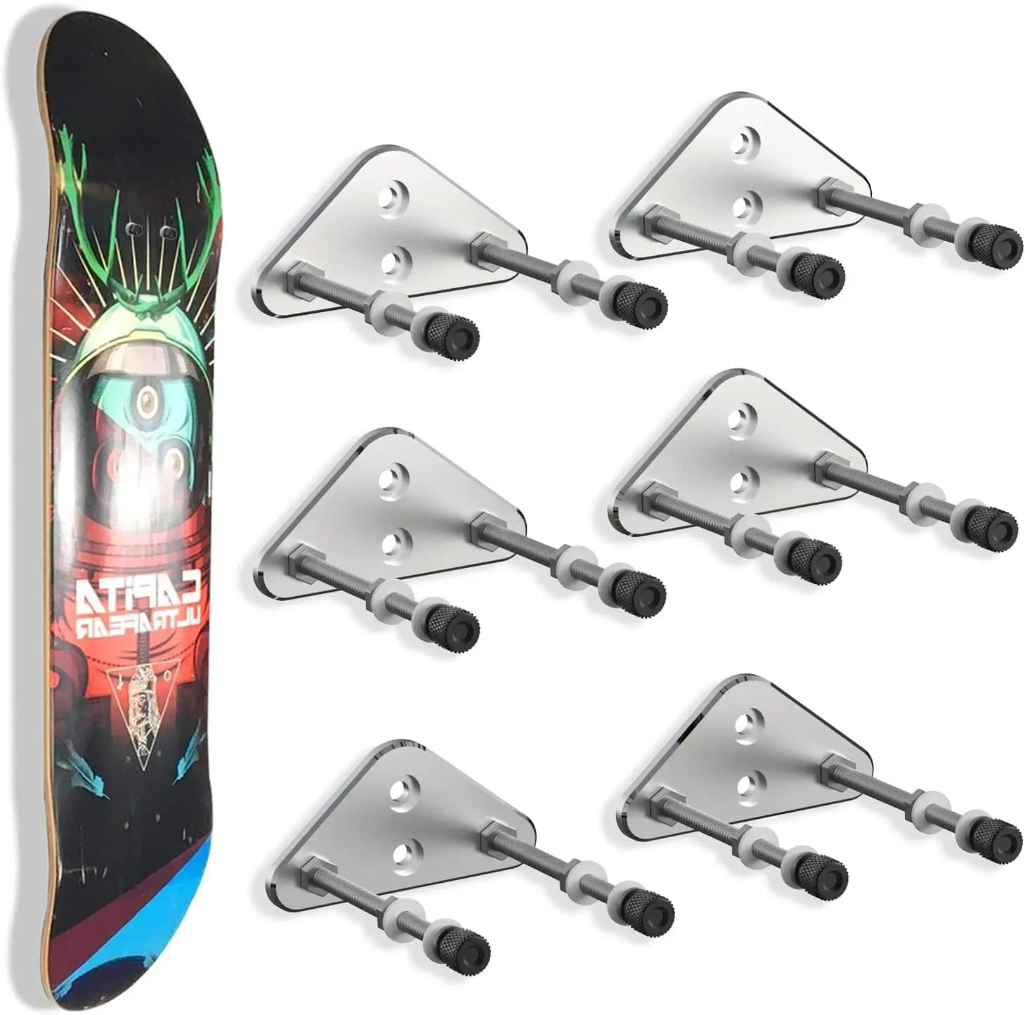 6 Packs Skateboard Wall Mount Aluminum Skateboard Hanger with Two Screw Holes for Display Skateboard Deck Storage Horizontal and Floats Vertically - Silver