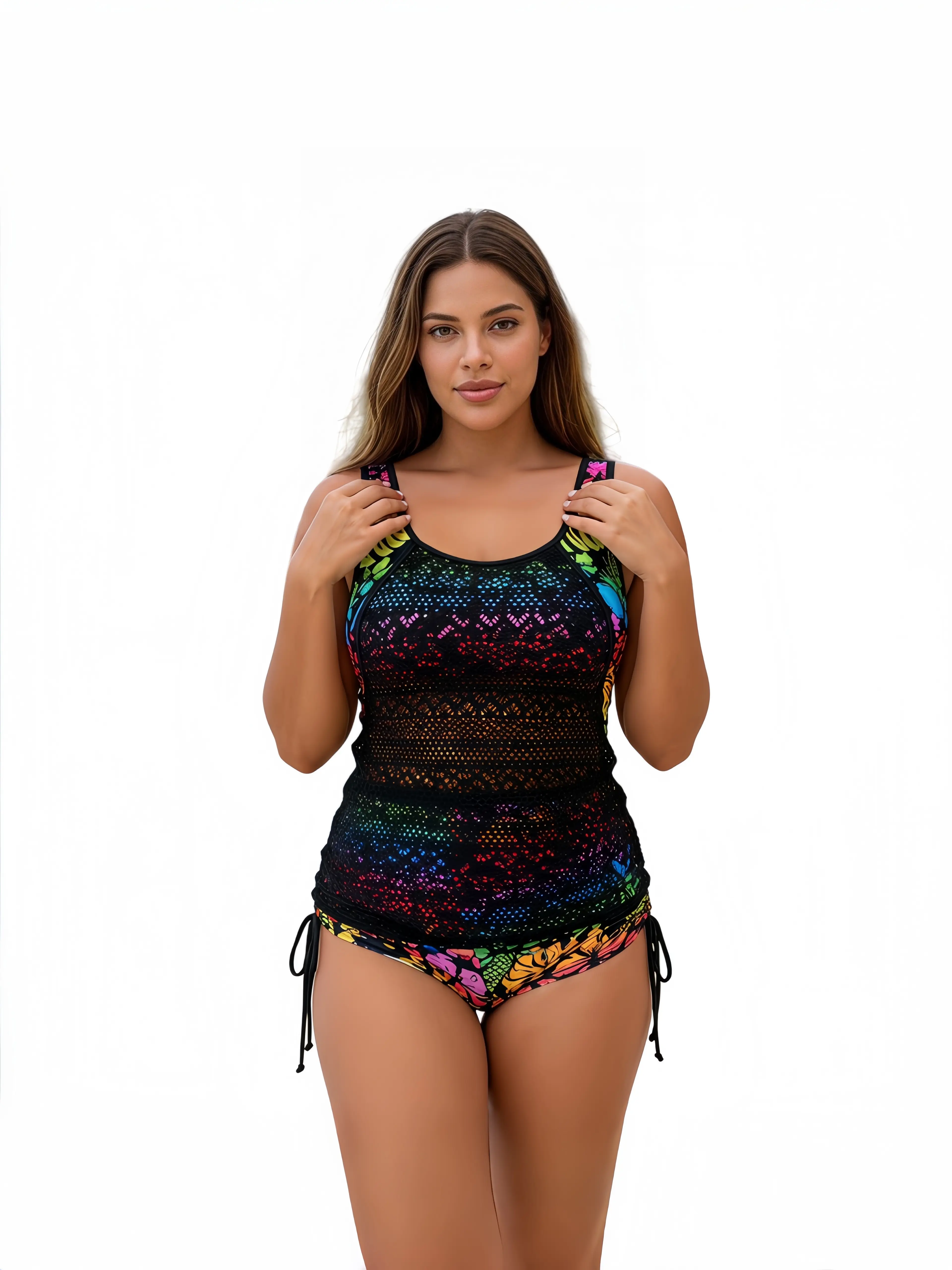 Women's 2-Piece Crochet Mesh Overlay Tankini Swimwear Set, Floral Print Hollow Tank Top & Swim Shorts, Modest Fashionable for Curvy Figures, Summer Beach Pool Vacation