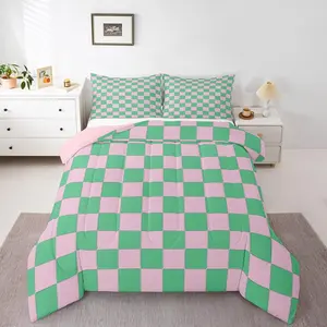 Girls Cute Plaid Comforter Set,Pink Green Checkered Bedding Set for Kids Teen,Room Decor Geometric Checkerboard Quilt Comforter