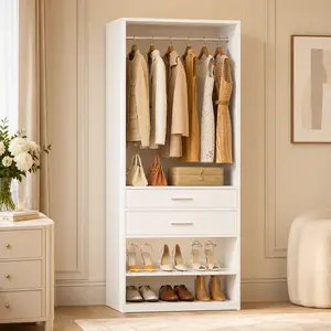 Homieasy 25'' Closet Organizer Storage with Hanging Rod and 2 Wooden Drawer, Adjustable Angled Shoes Rack, Sturdy Garment Racks, Walk-in Closet Tower for Bedroom, Mudroom, and Entryway