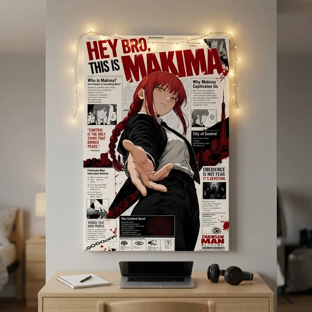 Chainsaw Man Anime  Wall Art Makima Poster Framed  Print Vintage Newspaper Magazine Cover Manga Decor Room Aesthetic Graphic Otaku Gifts