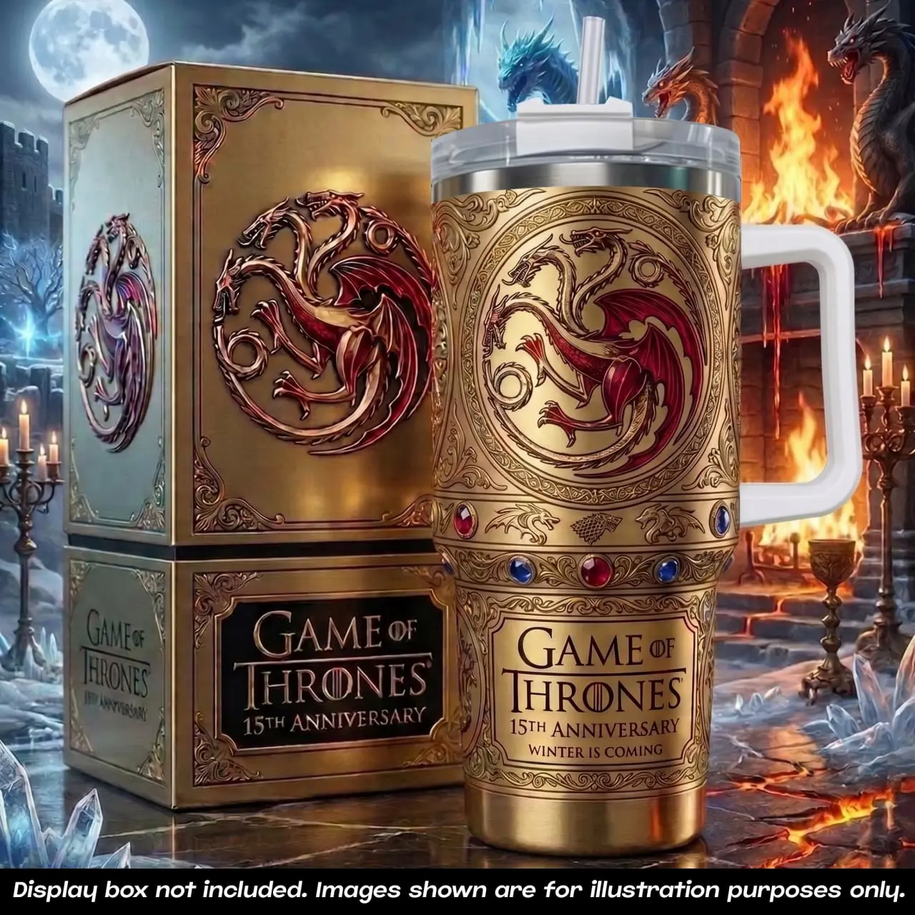 Game of Thrones 15th Anniversary Tumbler 40oz With Handle & Straw, Limited Edition Collector Cup, House Targaryen Dragon Stainless Steel Travel Mug, Winter Is Coming Fantasy Gift, Insulated Drinkware