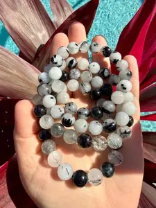Natural Tourmalated Quartz 10mm Beaded Stretch Bracelet | Black Tourmaline in Quartz Jewelry