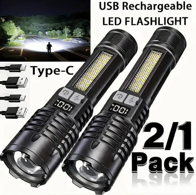 Rechargeable Flashlight 2/1 Pack, High Lumen Ultra Bright LED, 5 Modes Zoomable with LCD Digital Display, Durable ABS Handheld Flashlight, Perfect for Camping, Hiking, Fishing and Emergency Use