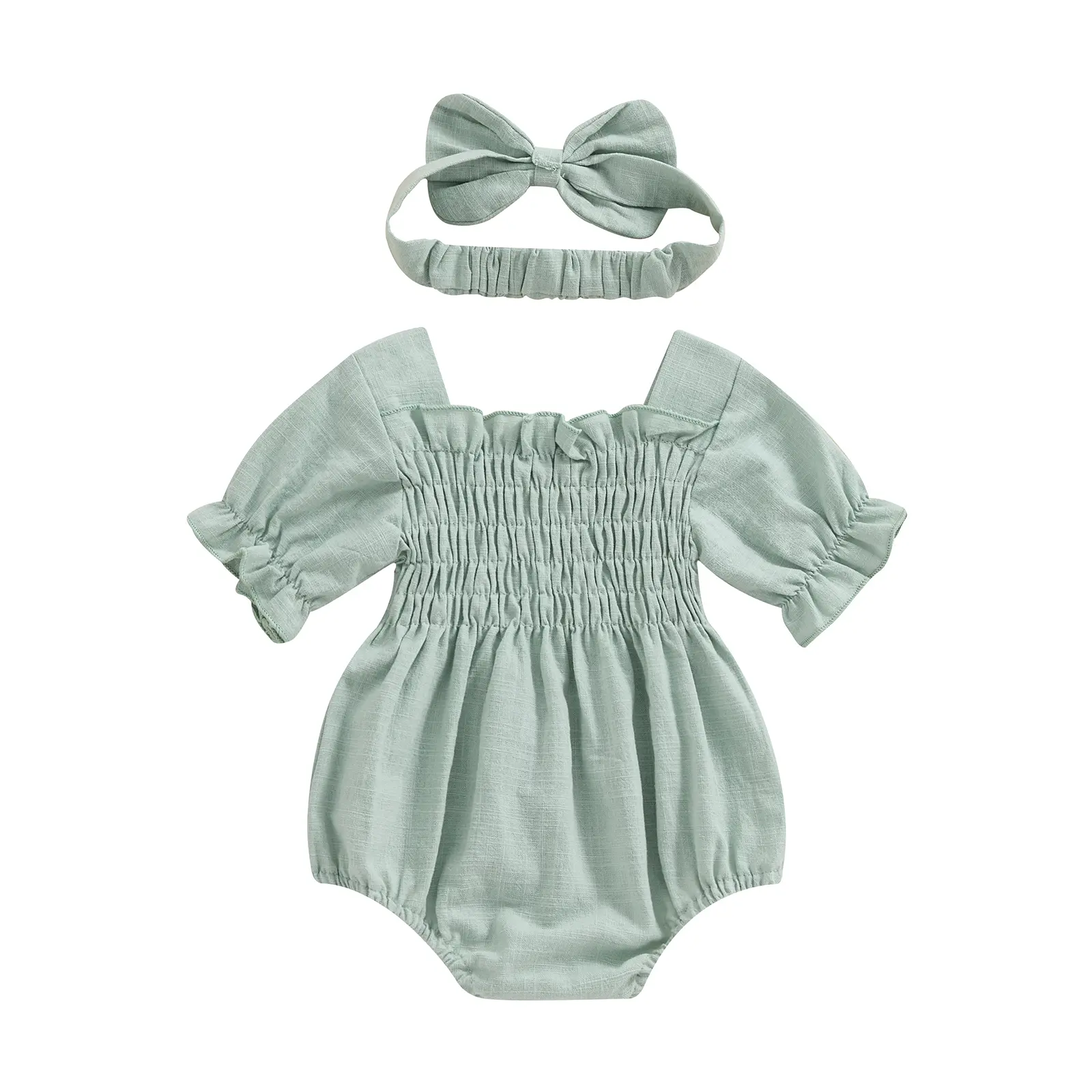 Baby Summer Clothes Newborn Infant Girl Smocked Pleated Romper Bubble Short Sleeve Bodysuit Outfits with Bow Headband