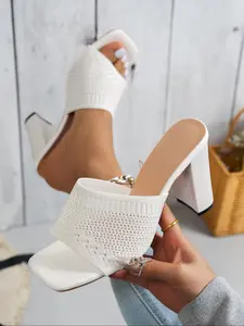 Women's Fashionable Knitted Design Square Toe Mule Sandals, Minimalist Sandals, Casual Versatile High Heel Sandals for Summer, Lightweight Breathable Comfortable Shoes for Daily Wear, Girl, Casual Summer Footwear