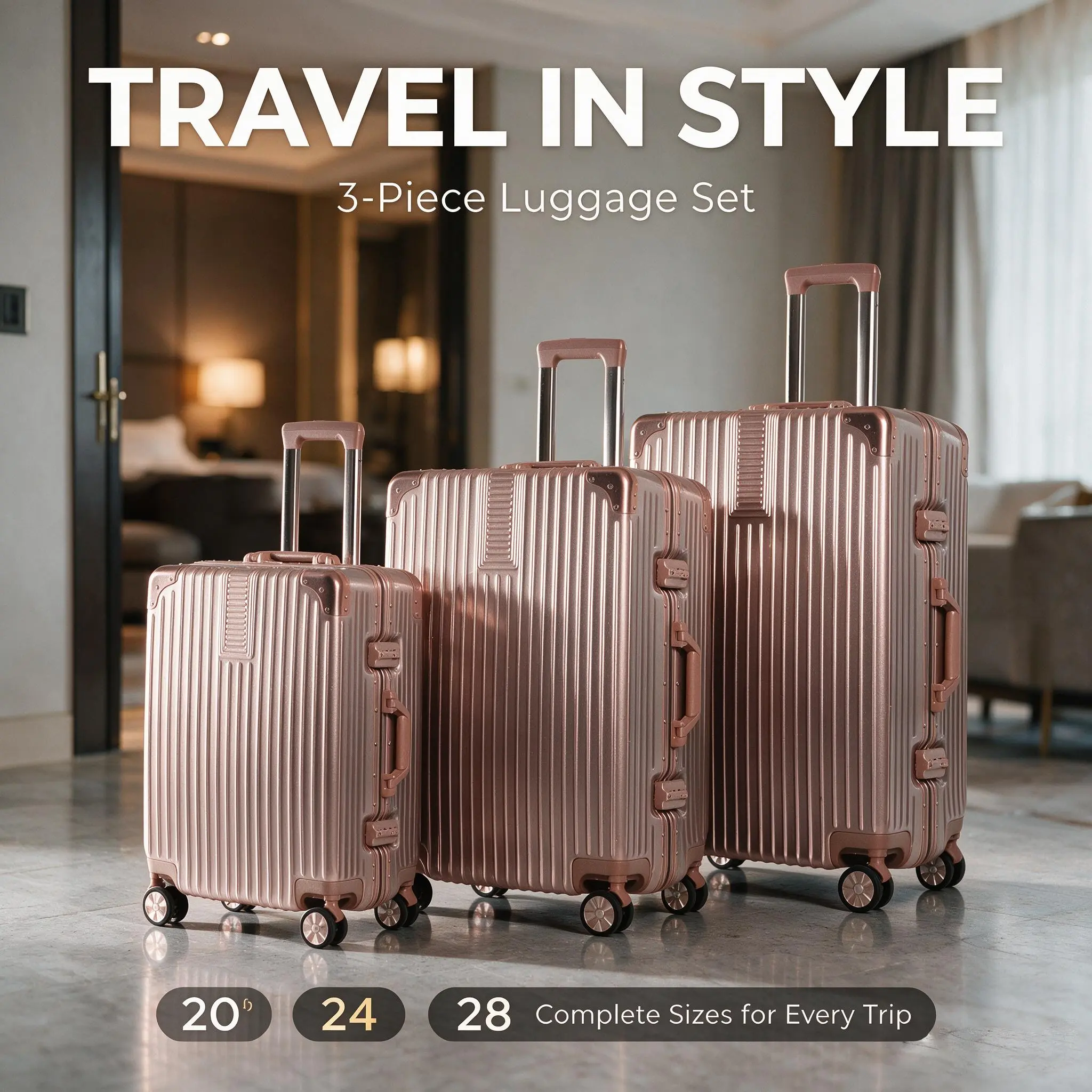 3-Piece All-Magnesium-Aluminum Alloy Luggage Set (20/24/28 inches), Quiet 360-Degree Spinner Wheels, TSA Lock, Hard-Shell Metal Travel Luggage, Available in 4 Colors
