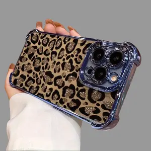 High-end shiny brown leopard print four-corner shockproof phone case Exquisite mobile suitable for Apple iPhone 14/15/16/17/13/12/11 Pro Max, 14/15/16 Plus, XR, XS, X/holiday best gift/phone cover gift/precise cutout/air pro max #   rhode magsafe lip hold