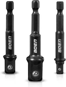 Impact Grade Socket Adapter Set, 3-PCS Drill Bit Adapter with Bit Holder, Sizes 1/4", 3/8", 1/2", 1/4-Inch SAE Hex Shank, Cr-V with Black Phosphate Finish