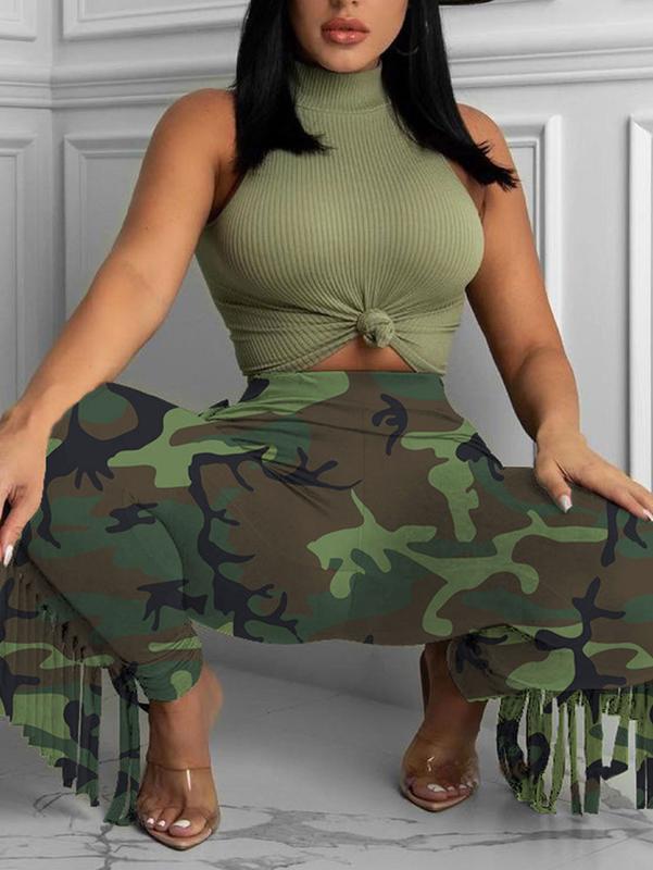 Women’s Fringe Camouflage Pants – Sexy High Waist Army Green Slim Fit Streetwear for Club, Party, Festival HN102