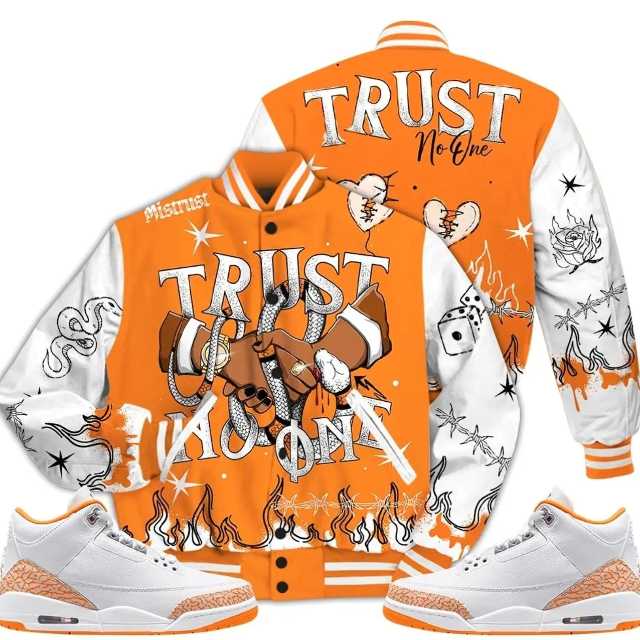 3 White Orange Peel Varsity Jacket, Orange Citrus 3s Outfit Tattoo Trust No One Shirts To Match Sneaker Streetwear