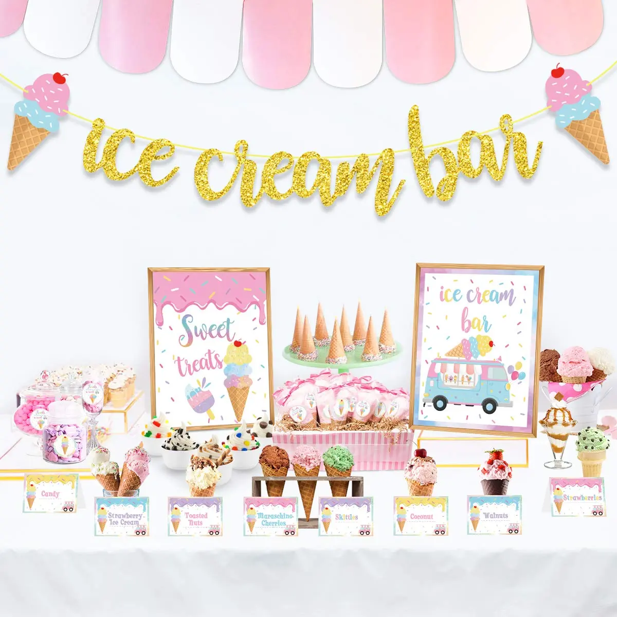 Ice Cream Bar Decor - Glitter Banner, Table Sign, Food Labels, Cup Tags for Baby Shower, Birthday, Wedding