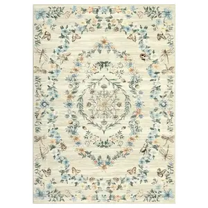5 x 7 ft Polyester Beige Rectangular Hallway Bathroom Entryway Kitchen Office Foldable Flower Printed Washable Area Rug