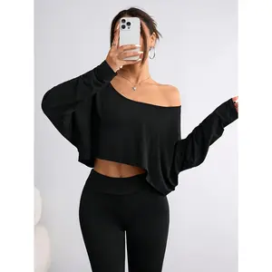 Women's Off-Shoulder Top, Casual Solid Batwing Sleeve Stretchy Polyester Knit Pullover for All Season Wear, Tops
