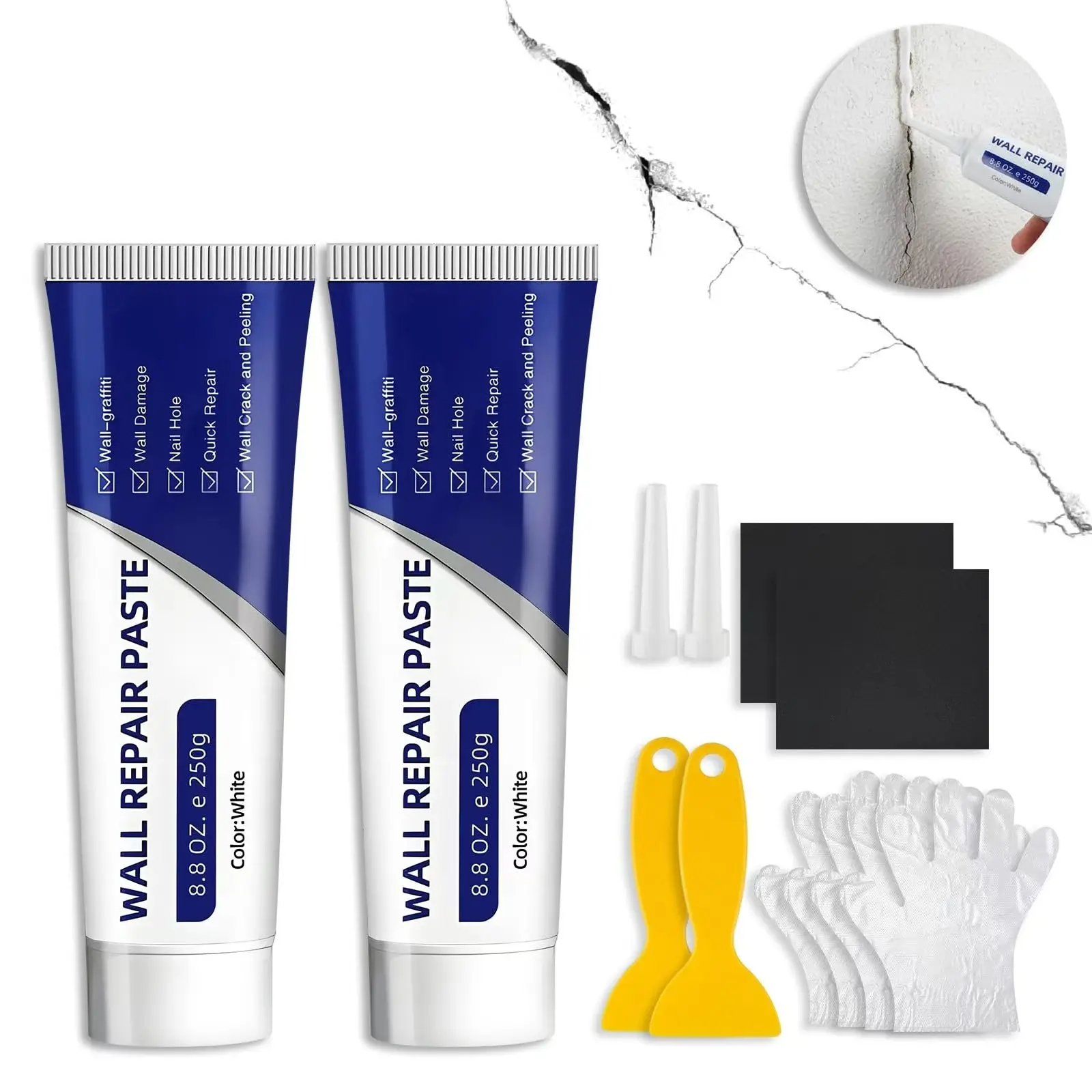Drywall Repair Kit, 2 Pcs Spackle Wall Repair Kit, New Wall Crack Repair Paste, Wall Repair Paste Tube with Scraper/Sandpaper, Effective Repair of Scratches, Holes, Cracks and Wall Graffiti (2*250g)