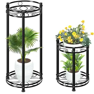 Simple Trending Round Plant Stand Indoor Outdoor, Waterproof Metal Tall 31” Plant Shelf Holder, Heavy Duty Flower Pot Display Rack, for Garden, Living Room, Balcony, 2 Pack, Black