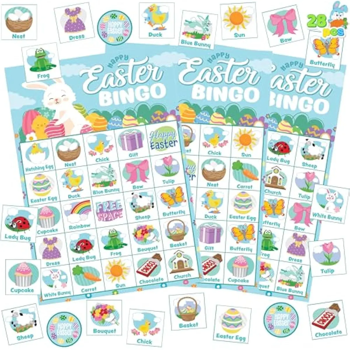 28 Players Easter Bingo Card (5x5) with Blue Color for Kids, Boys, Girls and Adults, Easter Games, School Classroom Activities and Easter Basket Stuffers