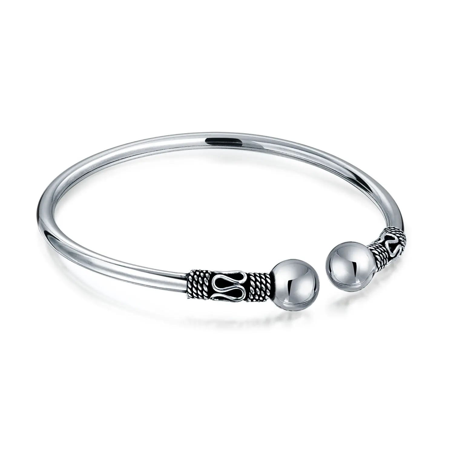 Bali Scroll Bangle Bracelet .925 Sterling Silver Boho Balinese Ball Tips Bypass Oxidized Finish