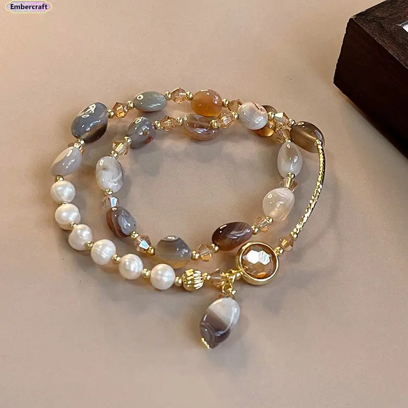 Women's Minimalist Dainty Round Shell Faux Pearl Layered Bracelet - Adjustable Band, Gold Plated Pearls Beaded Bracelets Jewelry, Daily Wear Gift, Minimalist Bangles