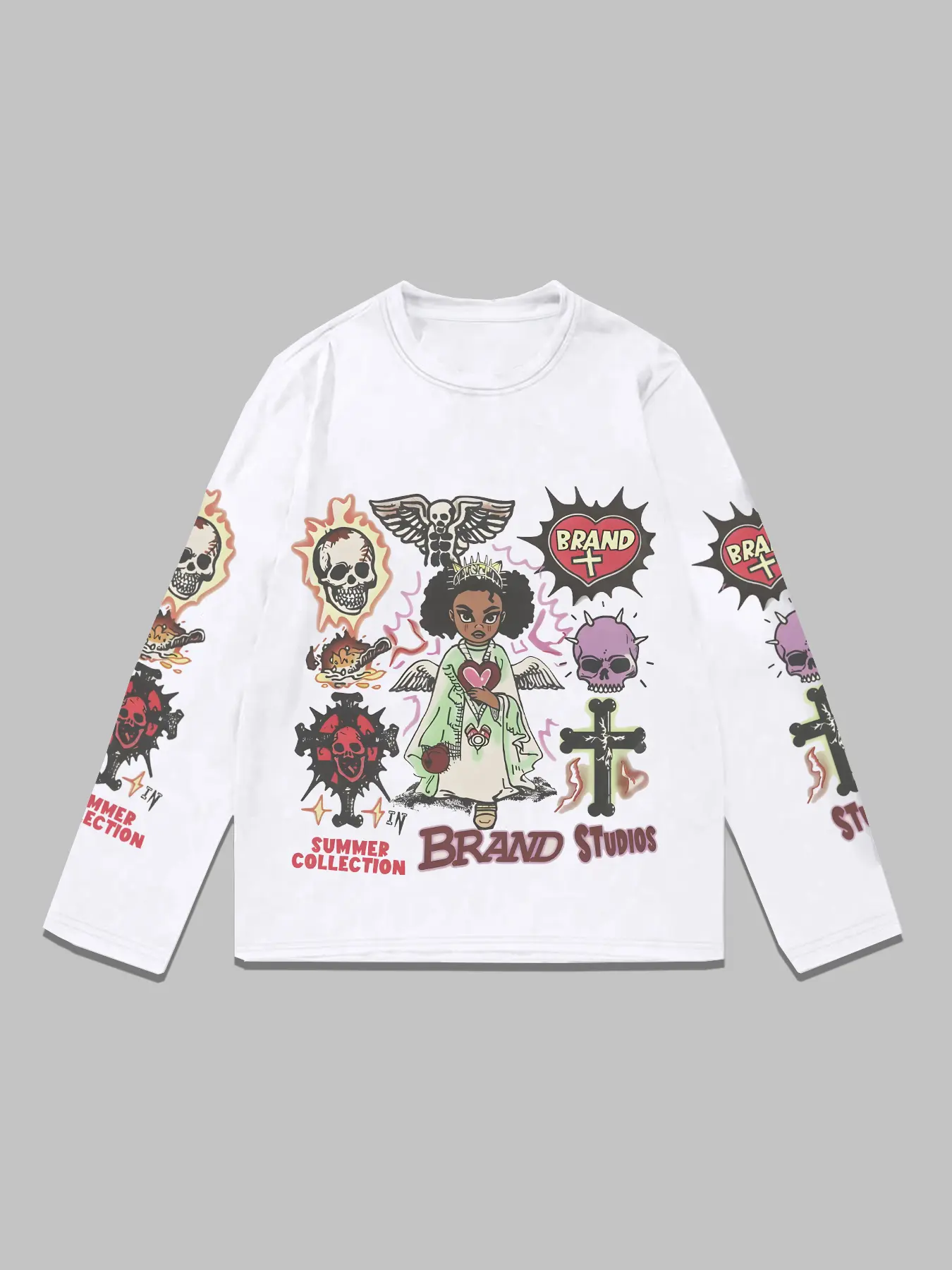Men's Trendy Long Sleeve Round Neck T-Shirt, Dark Graffiti Print, Unique Angel Element, Loose Fit, Casual Style Graphic, Casual Graphic Design, Casual Daily Wear, Street Style, Casual Streetwear Top