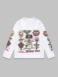 Men's Trendy Long Sleeve Round Neck T-Shirt, Dark Graffiti Print, Unique Angel Element, Loose Fit, Casual Style Graphic, Casual Daily Wear, Street Style, Casual Streetwear Top