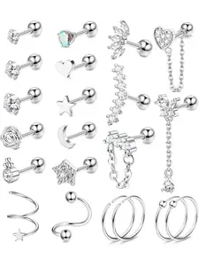 21 Pcs 16G Helix Cartilage Earrings Surgical Steel for Women Tragus Piercing Earrings Hypoallergenic Zirconia Stud Earrings Set Helix Piercing Hoop Earrings Conch Piercing Jewellery