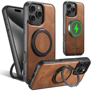 Magnetic Phone Case for iPhone 16 Pro Max with 360° Rotatable Invisible Stand, MagSafe & Military Grade Drop Protection, Brown