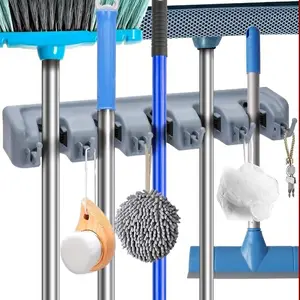 5 Racks 6 Hooks Mop and Broom Holder Wall Mount, Broom Organizer Storage Tool Rack, Heavy Duty Wall Mount for Brooms and Mops, Utility Closet Garage Kitchen Laundry Organizer
