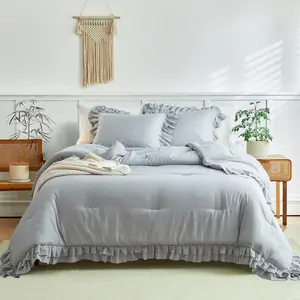 Grey Ruffle Comforter Set Full/Queen Size, 3 Pieces (1 Ruffled Comforter and 2 Pillowcases) Farmhouse Style with 2 Ruffle, Color Lightweight Bedding Sets for All Season
