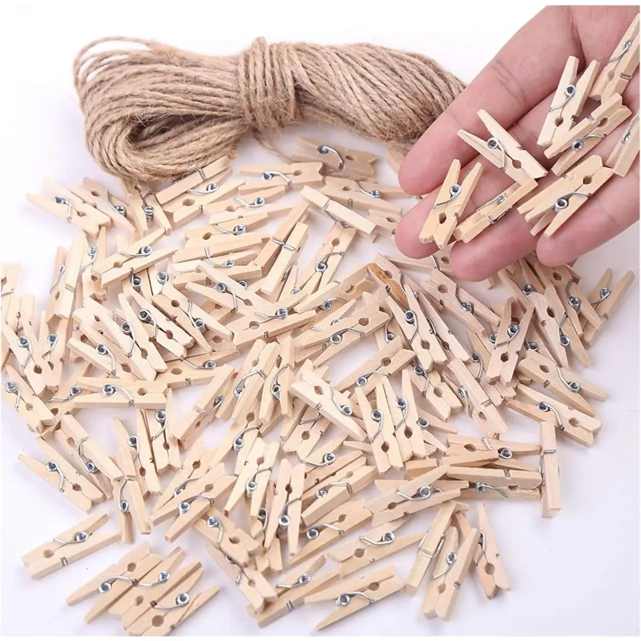 Mini Clothes Pins for Photo, Small Clothespins 200 pcs 1" Natural Wooden Mini Clothes Pins with Jute Twine, Mini Photo Clips Small Clothes Pins for Photos, Crafts, Arts, Cocktails