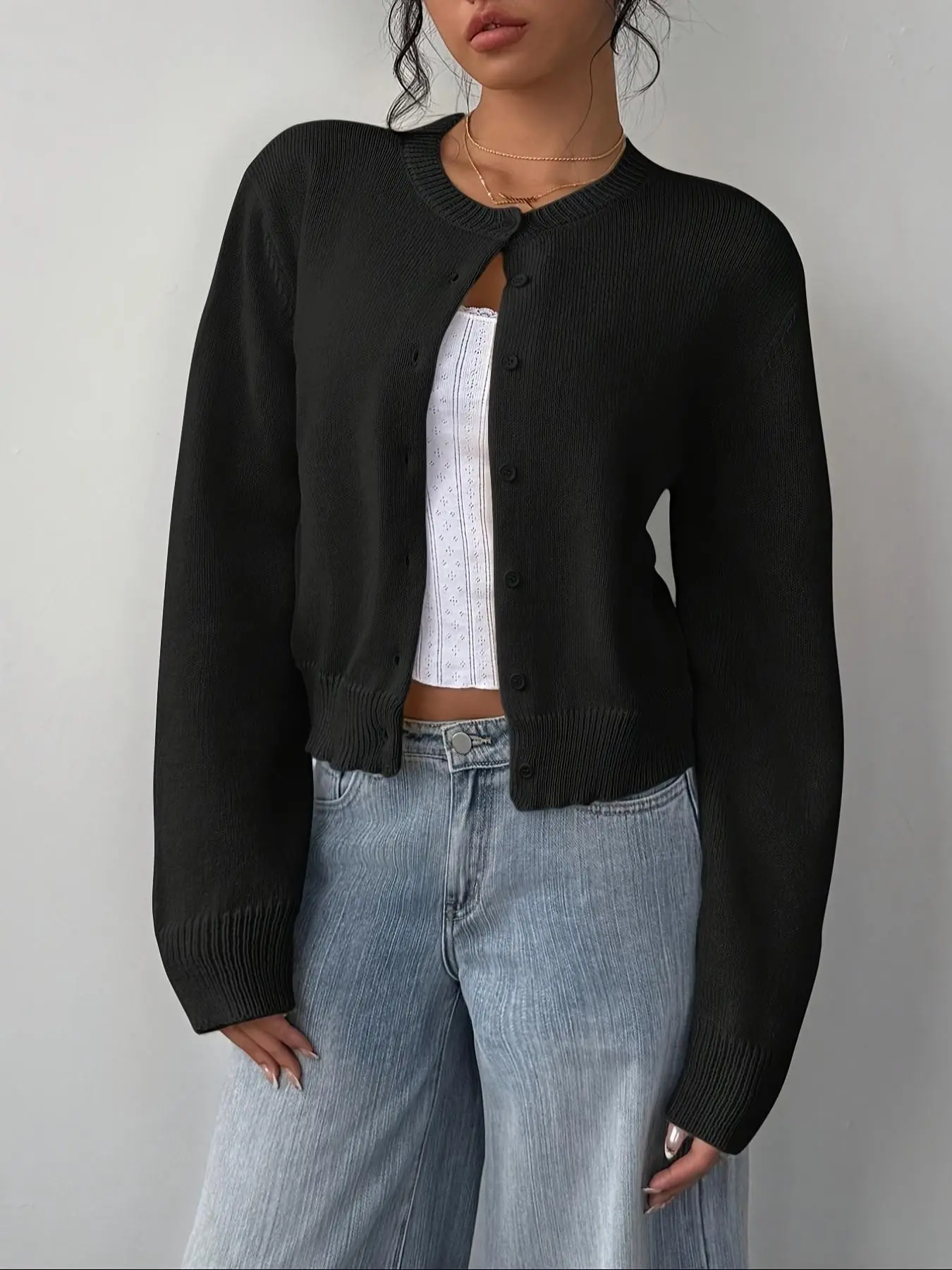 Women's Elegant Fitted Long Sleeve Knit Top, Plain Button Front Knitted Cardigan, All Season Casual Wear, Comfortable Outdoor & Schoolwear, Knitwear, Basic, Knitting