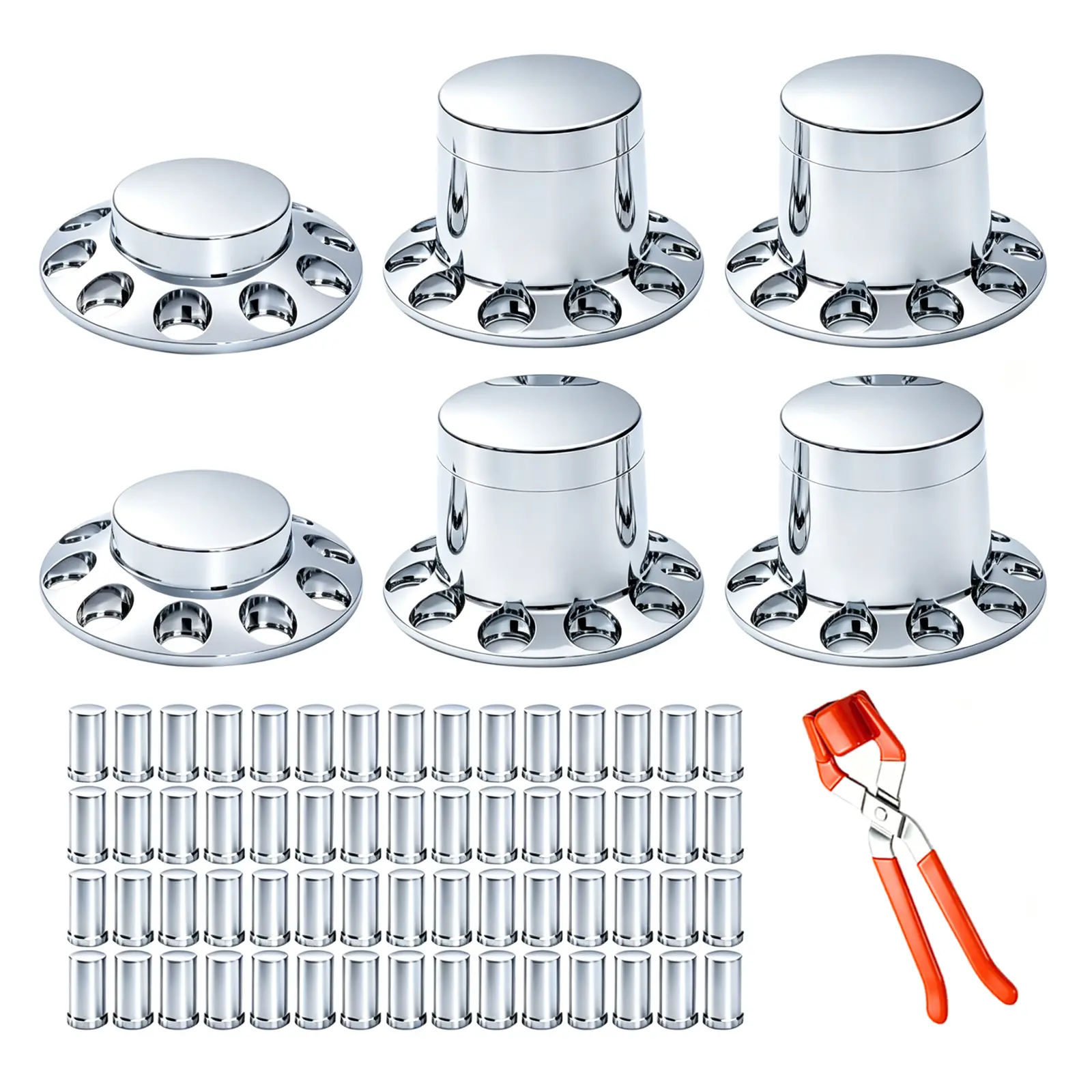 Chrome Flat Top Complete Hub Cover Kit - 33mm Lug Nut Wheel Axle Components, Plastic Automotive Vehicle Accessory with 4 Rear Axle Covers for Semi Trucks, Trailers, Car Accessories, Vehicle Accessories