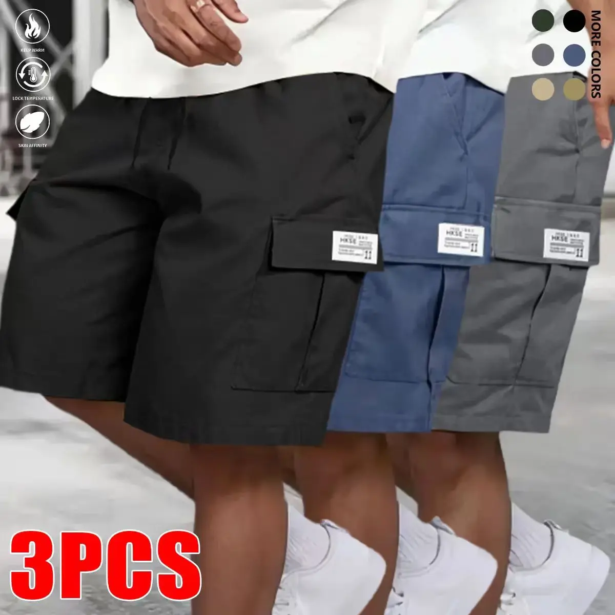 Menswear Men's 3-Piece Loose Knee-Length Cargo Shorts Set, Elastic Drawstring Waist, Decorative Tag Patch, Multi-Side Cargo Pockets, Street Style for Outdoor Hiking & Daily Casual Summer Bottoms