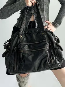 Vintage distressed multi-zipper shoulder tote bag, featuring unique distressed design heavy metal embellishments，stylish trendy, casual, and versatile, suitable for daily commutes, shopping, travel, Pu Tote Satchel, Handbag Shoulder Bag