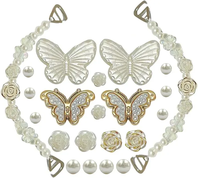 Pearl Shoe Chains & Charms Set with Butterfly and Rose, Elegant Rhinestone Pearl Shoe Lace Accessories for Sneakers and Boots Decoration (White & Gold)