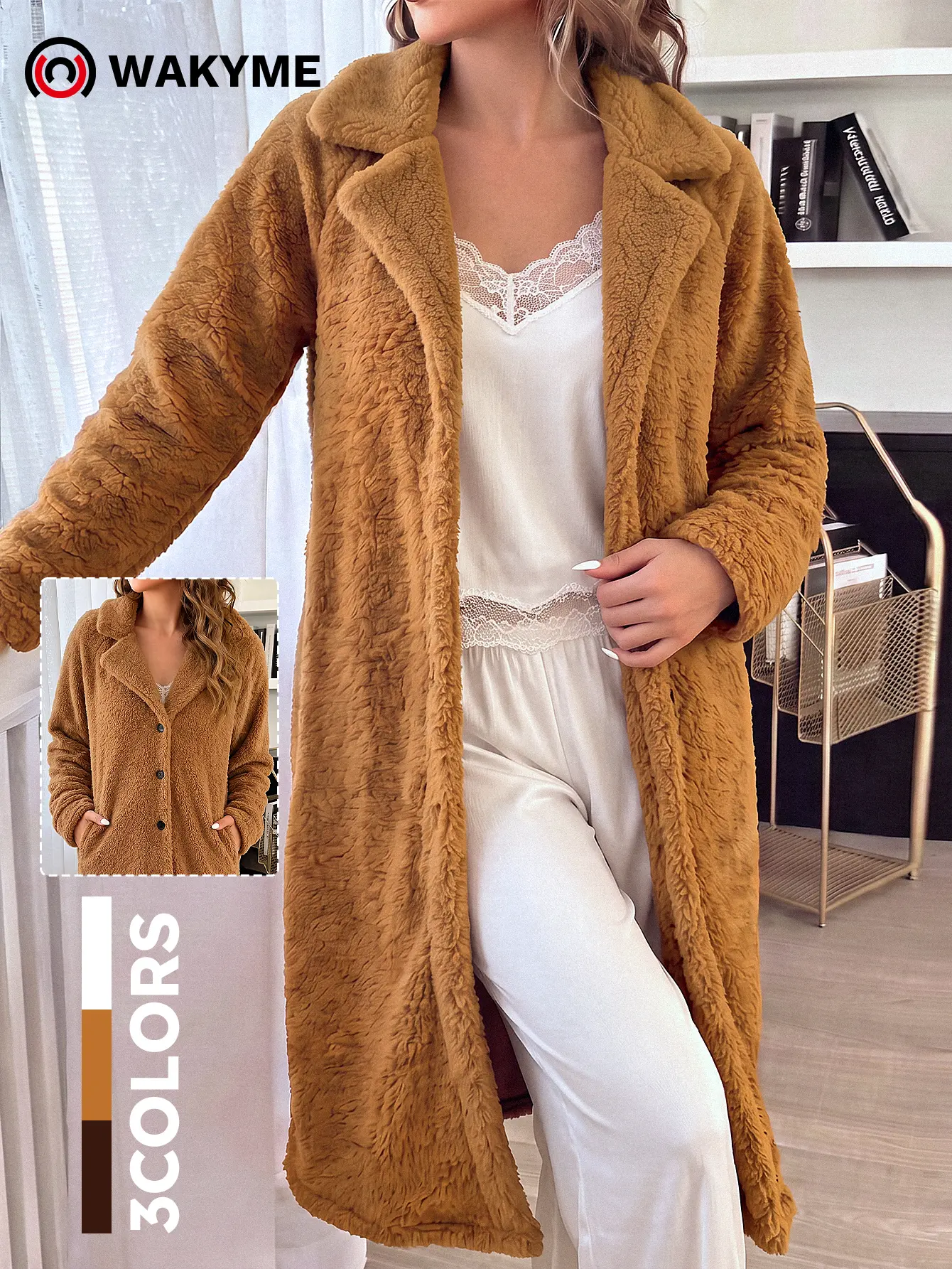 Women's Plush Fleece Robe – Long Sleeve Turn-Down Collar Lounge Coat, Soft Cozy Open-Front Sleepwear for Home, Fall & Winter