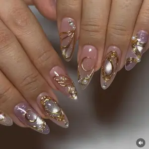 Rose Quartz Chrome Press On Nails, Blush Pink Cat Eye Shimmer, Gold Liquid Metal Details, Pearl Accent Almond Nails, Luxury Elegant Handmade Press On Nails, Bridal Glam Soft Girl Gift for Her