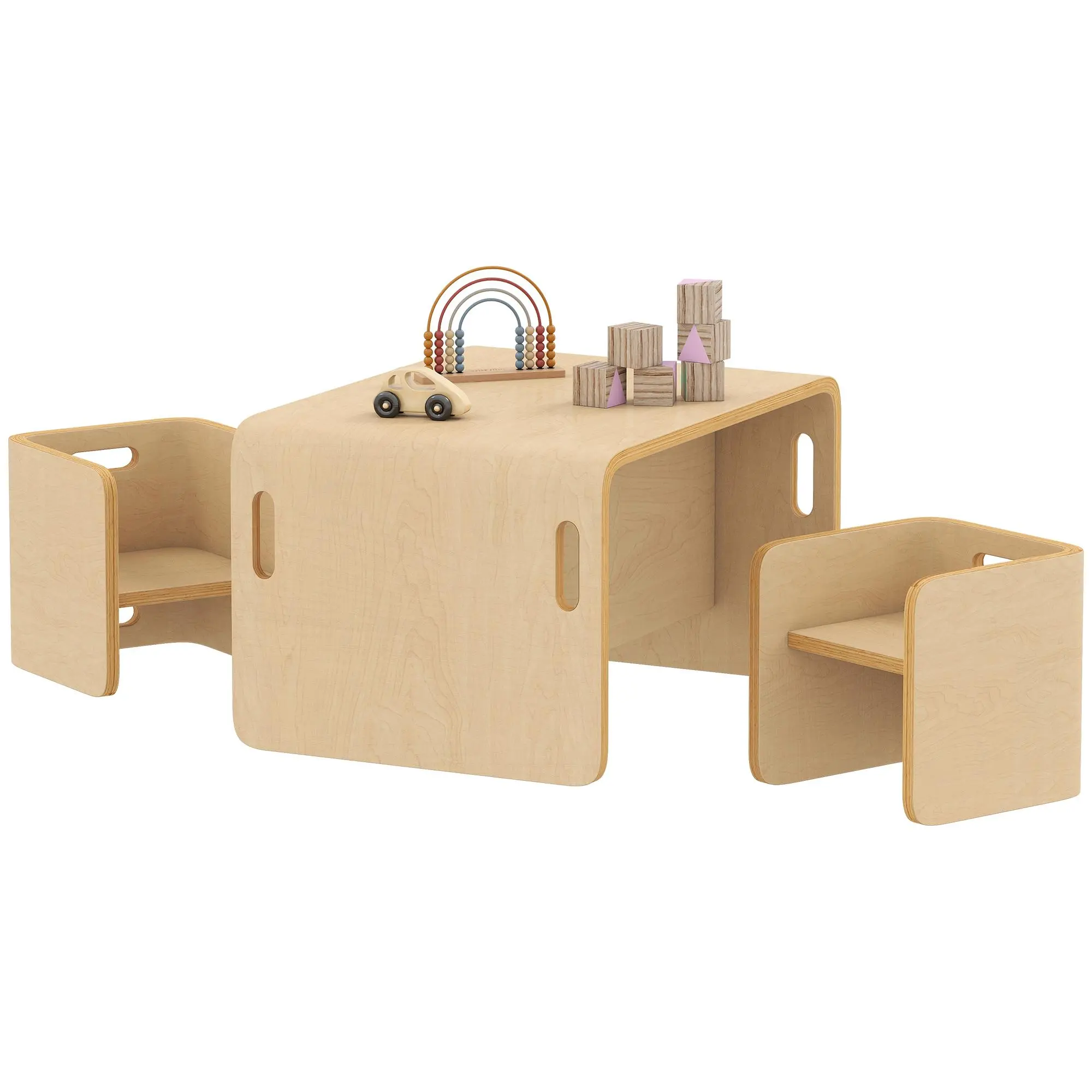 Qaba Kids Table and Chair Set, Wooden Activity Table with Two Adjustable Height Montessori Chairs for Ages 3-8, Playing, Reading and Learning, Natural Wood,sohochic