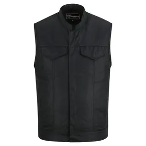 Men’s Black Textile Motorcycle Vest, Heavy Duty SOA Club Style Vest w/ Front Zipper and Snap Closure