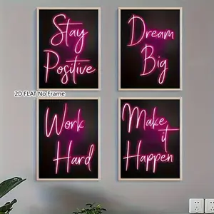 Inspiring Neon Canvas Wall Art Set of 4, Unframed Print for Living Room and Bedroom Decor, 2D Flat Design, Universal Setting, Motivational Wall Art, Decorative Wall Art, Canvas Material