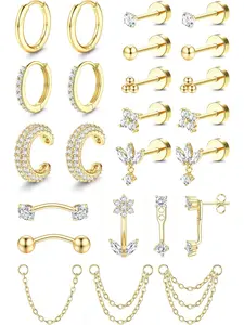 Versatile 24 Pcs Golden Shining Earrings Set Trendy Helix Piercings Surgical Steel Copper for Women Men Small Hoop Earrings with Chain Flat Back Stud Earrings Cartilage Conch Rook Tragus Piercing Earrings