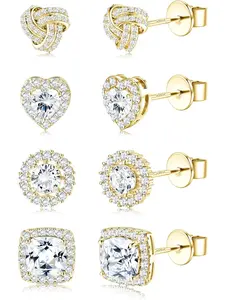4 Pairs Sterling Silver CZ Stud Earrings for Women 14K Gold Plated Brilliant Celtic Heart Big Stud Earrings Set Cubic Zirconia Earrings Studs for Sensitive Ear