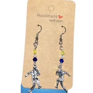 Handcrafted Dangle Football Earrings with Blue and Yellow Beads Handmade with Love Sports Jewelry
