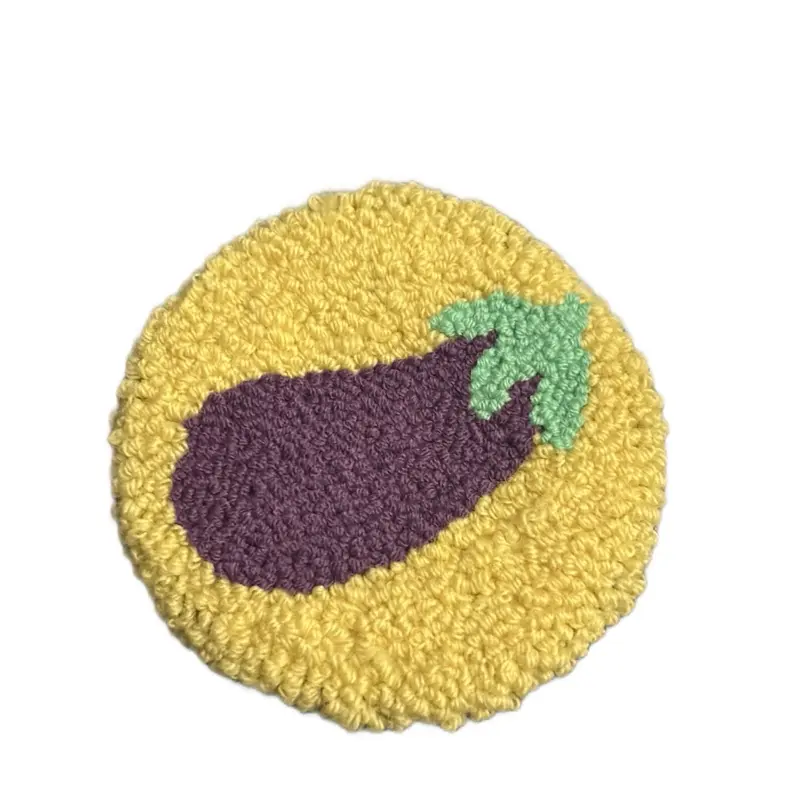 Eggplant Punch Needle Coaster - Yellow Tableware with Eggplant Design