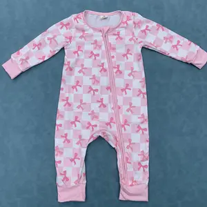 Pink bow baby girls checkered zip romper