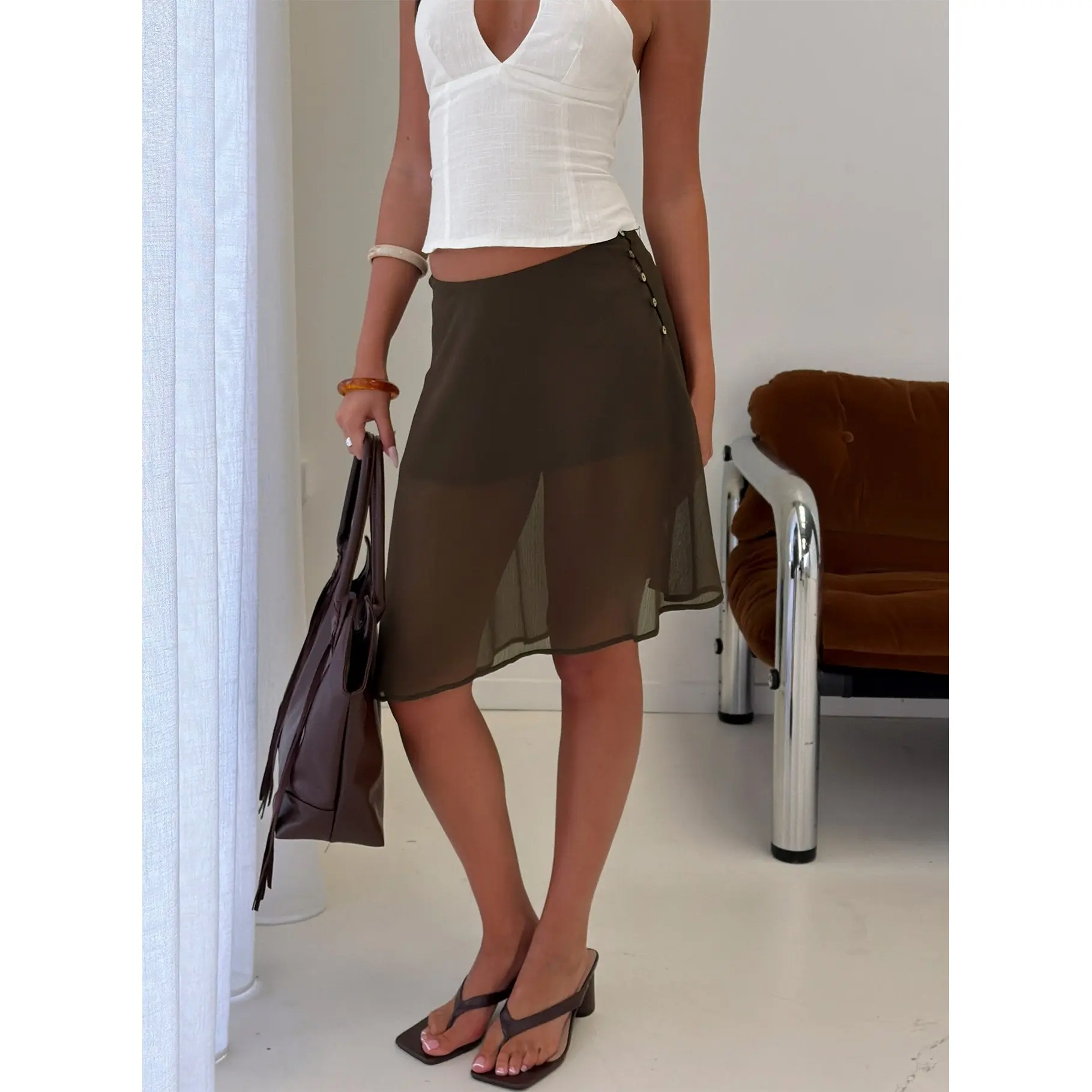 Eliodora Layered Sheer Midi Skirt Brown