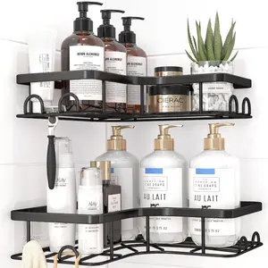 Corner Shower Caddy - 2 Pack, Adhesive Shower Organizers, Rustproof Stainless Steel Shower Shelves with 8 Hooks, No Drilling Bathroom Organizers and Storage Racks, Space-Saving, Black