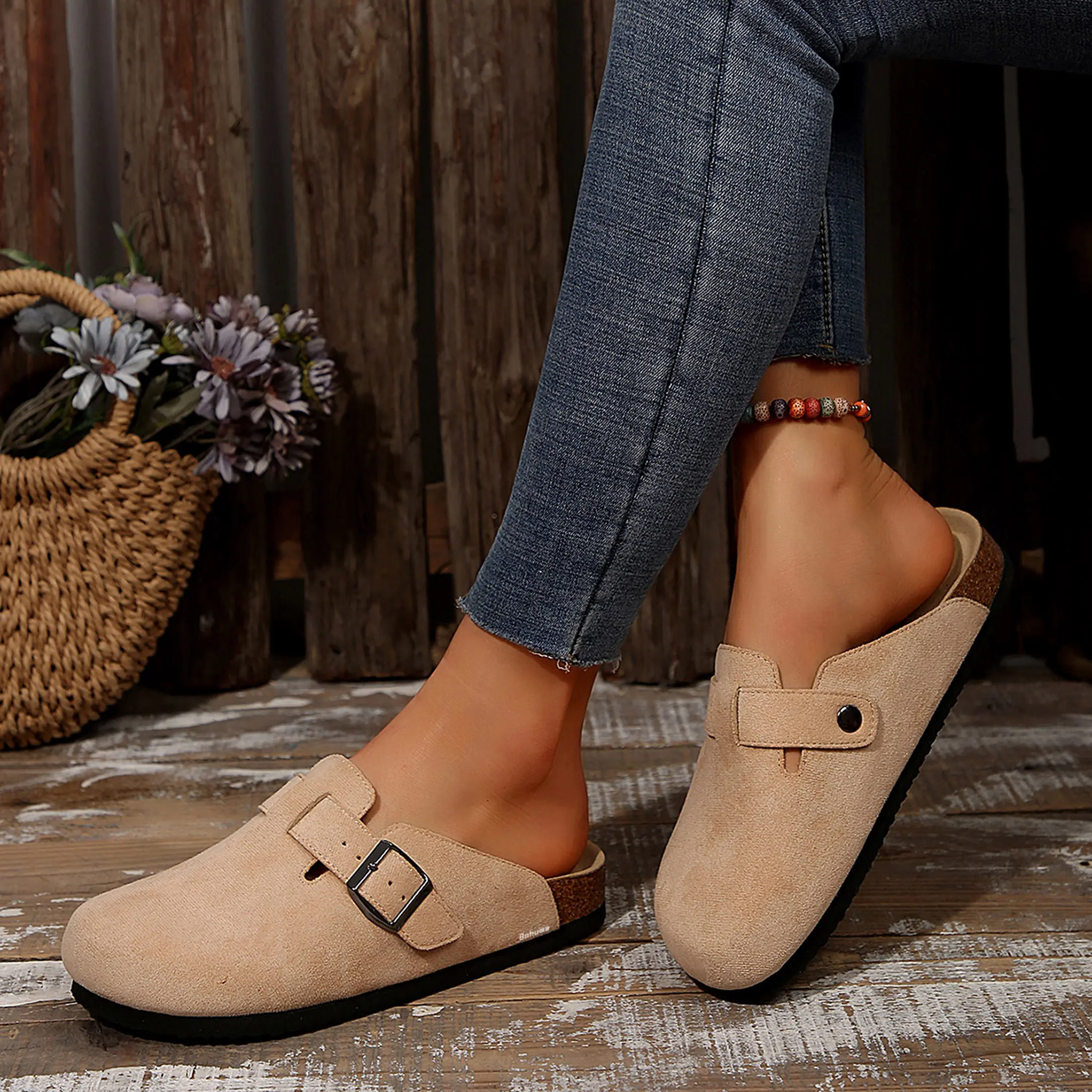 Women’s Suede Slippers Slip-On Buckle Slides Women's Mules & Clogs Rubber Cork Footbed Sandals Potato Shoes Footwear