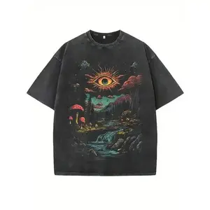 Neutral retro pattern - Bohemian style T-shirt, soft and breathable cotton shirt, decorated with surreal fantasy eye patterns (eyeballs in the swamp / eyes among the pine trees), deep black T-shirt, suitable for everyday casual wear and themed parties